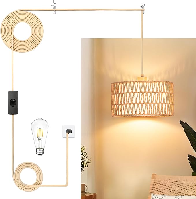 Qingmiao Boho Plug in Pendant Light, Handwoven Shade, 3 Way Bulb, 14ft Cord | Rattan Hanging Lamp Plug in, Dimmable Hanging Light Fixture for Living Room Bedroom Kitchen Ceiling Farmhouse Home Decor