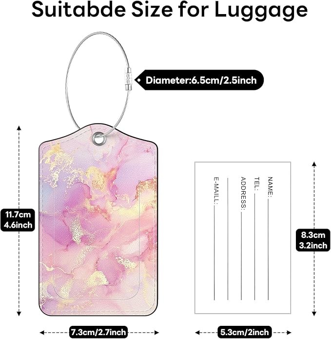 2 Pack PU Leather Luggage Tags for Suitcases, Privacy Protection Cover with Stainless Steel Loop and Address Card, Travel Cruise Essentials (Pink Gold Marble 2)