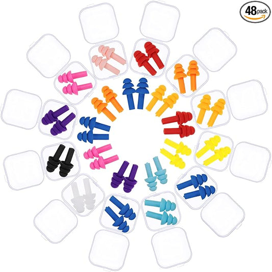 Ear Plugs Silicone Ear Plugs Waterproof Reusable Earplugs Noise Reduction Earplugs for Adults Kids Sleeping Snoring Swimming Travel Concerts, Assorted Color (Bright Colors, 48 Pairs)