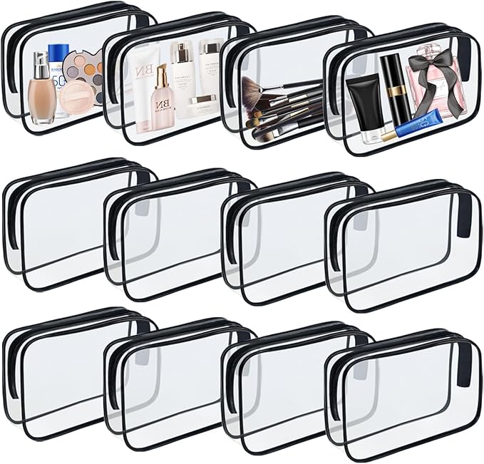 12 Pieces Clear Makeup Bags, TSA Approved Toiletry Bag for Travel, PVC Transparent Cosmetic Pouch with Zipper, Waterproof Vinyl Plastic Organizer Case for Vacation Bathroom (Medium)