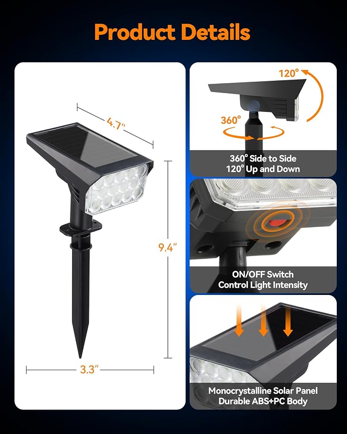 Solar Lights Outdoor Waterproof IP65, 56 LED 3 Lighting Modes Solar Spot Lights Outdoor, Solar Powered Landscape Lighting for Yard Pathway Garden, 4 Pack (Cool White)