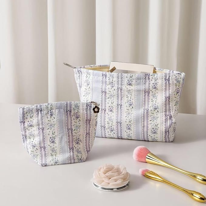 HAPPYHEIDI Makeup Bag Set, Cute Purse Pouch, Purple Floral Cotton, 2-Piece, Zipper Closure, Lightweight