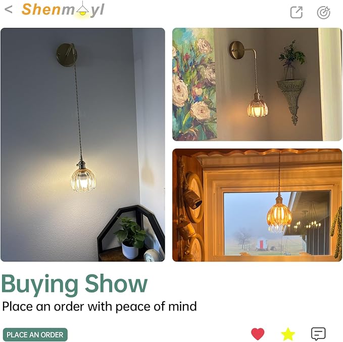 Shenmoyl Battery Operated Wall Sconce with Amber Tulip Shade Pattern Glass Adjustable Chain Retro Gold Wall Mounted Light, Modern Wall Decor for Bedside Bedroom Indoor Doorway， Set of 2