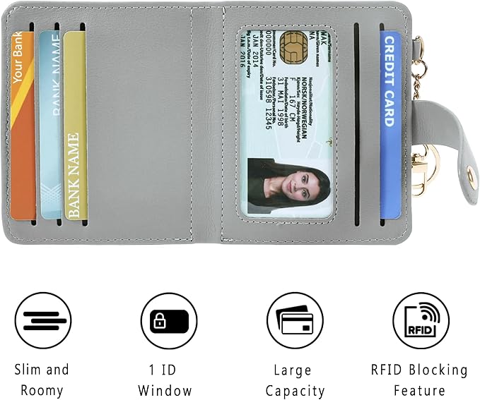Airkit Small Wallets Woman RFID Blocking Leather Credit Card Holder - with ID Window - Card Wallets for Women - with Zipper Coin Purse - Keychain Wallet