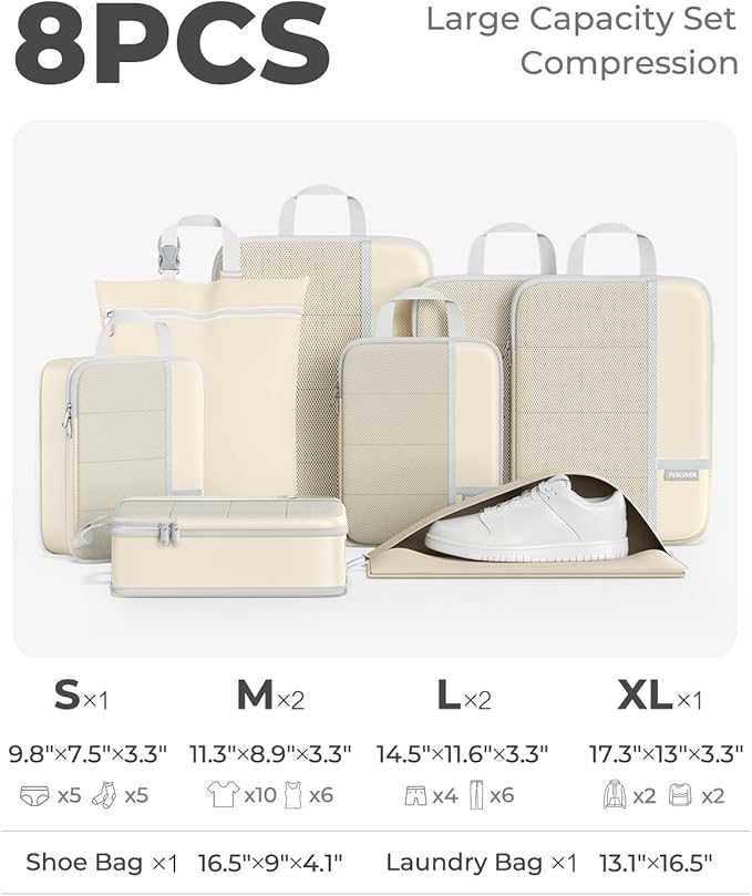 Percover Compression Packing Cubes 8-Piece Set, Packing Cubes Compression for Travel with Laundry Bag & Shoe Bag, Travel Organizer for Carry On & Checked Luggage, Beige