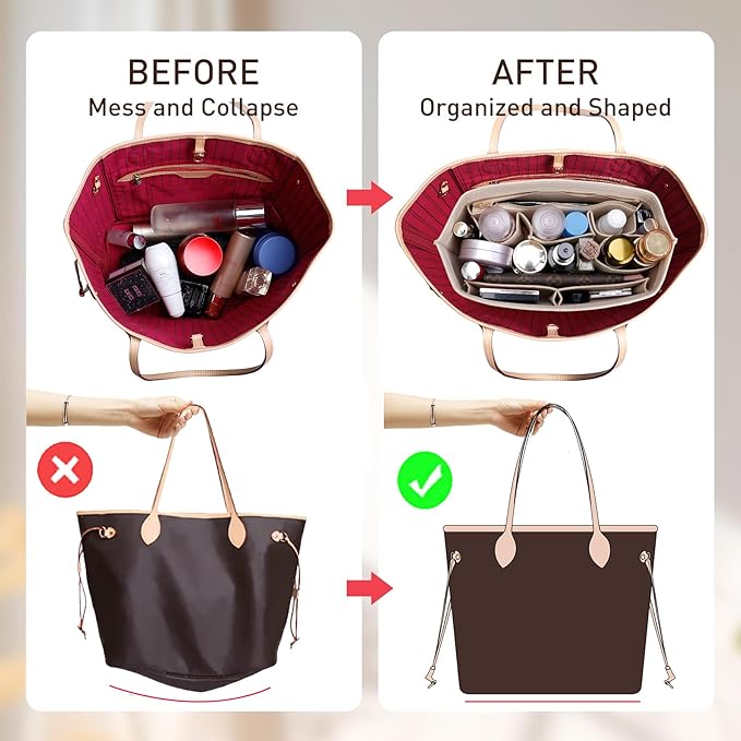 Tote Bag Organizer Insert with Base Shaper,Felt Purse Organizer Insert Compatible with lv Neverfull MM Organizer,C.oach City 33, Speedy 30 and More, Purse Divider for Bags,Beige/L