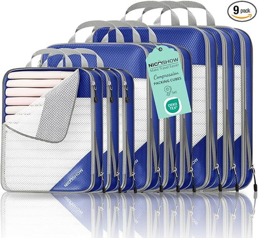 9 Set Compression Packing Cubes for Travel - Compressible, Lightweight, and Space-Saving Packing Cubes, Travel Essentials for Women, Royal Blue