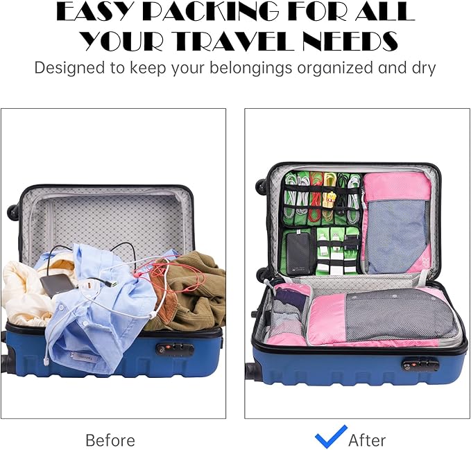 NiHome 7PCS Compression Packing Cube Set Expandable Mesh Travel Bag Luggage Organizers with Electronic Cable Cord Charger Organizer Drawstring Bag for Trip Home Storage Travel Gear Accessories (Pink)