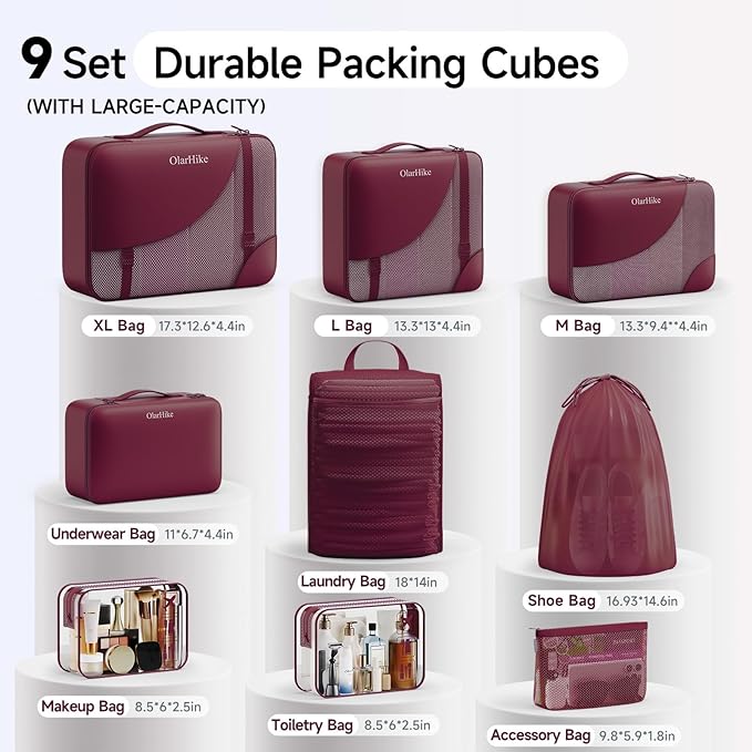 11 Set / 9 Set Packing Cubes for Travel,Gifts for Women Mom Kids,TSA Approved Bags for Makeup, Cosmetic, Toiletry, Organizers for Suitcase Carry On,Cruise Essentials Airplane Accessories,Burgundy
