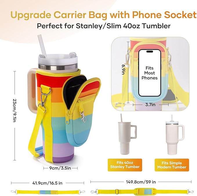 linmaya Water Bottle Carrier Bag for Stanley Cup 40/30oz with Phone Holder Pockets,Neoprene Water Bottle Cross-body Bag with Adjustable Shoulder & Hand Strap Stanley Cup Accessories