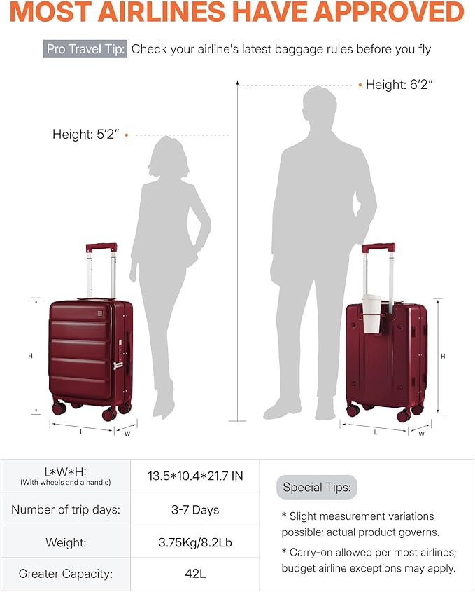 20IN Carry On Luggage,Top Opening Aluminum Frame Hardside 100% PC Airline Approved Suitcase -with TSA Lock,Cup Holder,USB Charge,Side Pothook, 360°Spinner Wheels-Wine Red