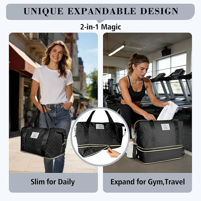 Geestock Travel Duffel Bag, Weekender Bags for Women, Carry on Overnight Bag with Shoe Compartment & Trolley Sleeve, Personal Item Travel Bags with Storage Pouch for Travel, Yoga, Gym, Hospital, Black