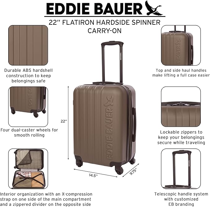 Eddie Bauer Flatiron Carry-On 22" Luggage | Hardside | Spinner Wheels | Expandable | Lightweight | Travel Essentials - Dark Fatigue
