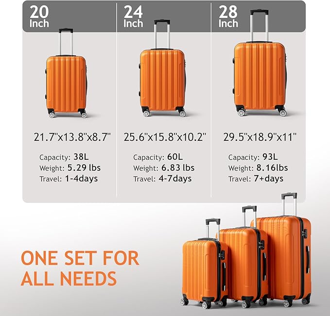 Karl home Luggage Set of 3 Hardside Carry on Suitcase Sets with Spinner Wheels & TSA lock, Portable Lightweight ABS Luggages for Travel, Business - Orange (20/24/28)