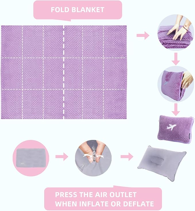 3 in 1 Travel Blanket Pillow Set - 350 GSM Thick Travel Blanket Airplane Compact with Bag, Soft Bag with a Pocket, Inflatable Travel Pillow for Camping & Car Trip (Violet)