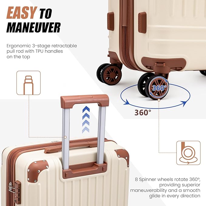 KUNEL Expandable 5 Piece Luggage Sets with Detachable Spinner Wheels and TSA Lock, Unisex Hardside ABS Suitcase Set, Hardshell Lightweight Waterproof Travel Hard Case Suitcases with Wheels, Beige
