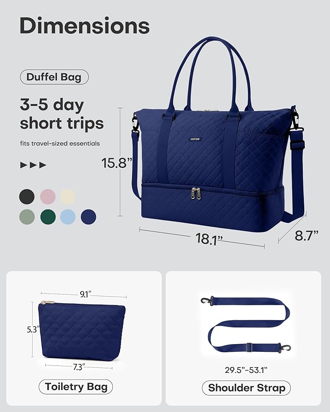 HOTOR Travel Duffel Bag - Weekender Bags for Women, Gym Tote Bags with Shoe Compartment, Carry On Overnight Bag with Toiletry Bag for Travel Essentials Travel Accessories, Dark Blue, 15.8"×18.1"×8.7"