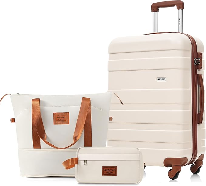 24 Inch Checked Suitcase with TSA Lock Travel Duffel Bag Wet-Dry Toiletry Bag, Ivory