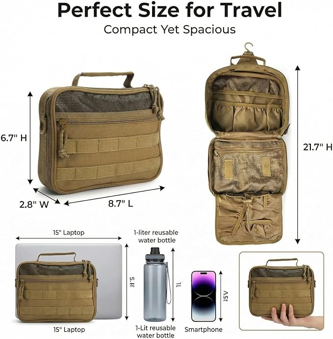 Mens Toiletry Travel Bag, Tactical Toiletry Bag for Men, Bathroom Hanging Travel Toiletry Bag for Men Shaving Hygiene Bag Travel Toiletry Organizer Short Trips Bag, Brown