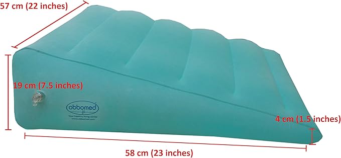 ObboMed HR-7510 Inflatable Portable Bed Wedge Pillow with Velour Surface for Sleeping, Travel, Trip Vacation, Horizontal Indention Prevent Sliding, 23” x 22” x(7.5”~1.5”), Cyan