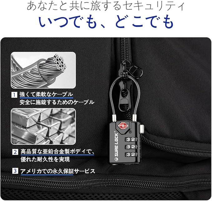 SURE LOCK TSA Approved Combination Luggage Locks with Open Alert Indicator – Durable Zinc Alloy Cable Travel Locks with Large Easy-Read Dials for Suitcases, Backpacks & Gym Bags Black 4 Pack