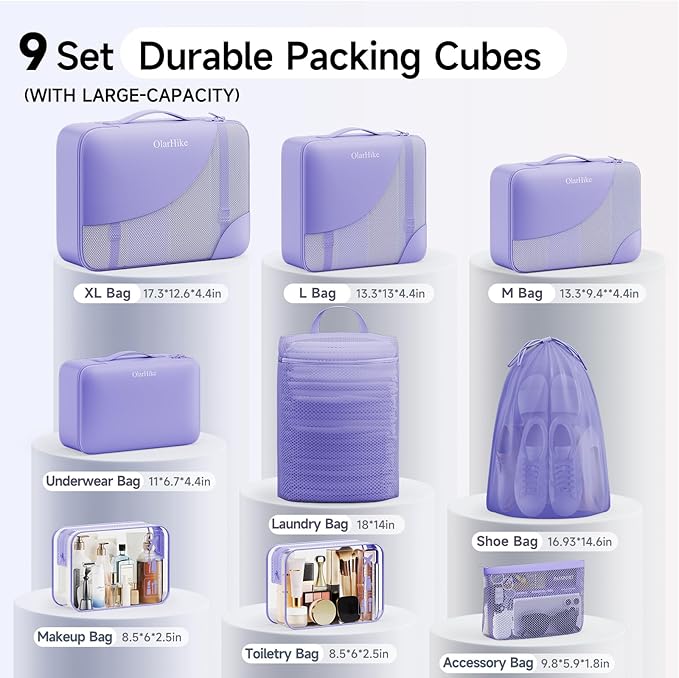 11 Set / 9 Set Packing Cubes for Travel,Gifts for Women Mom Kids,TSA Approved Bags for Makeup, Cosmetic, Toiletry, Organizers for Suitcase Carry On, Cruise Essentials Airplane Accessories,Lavender