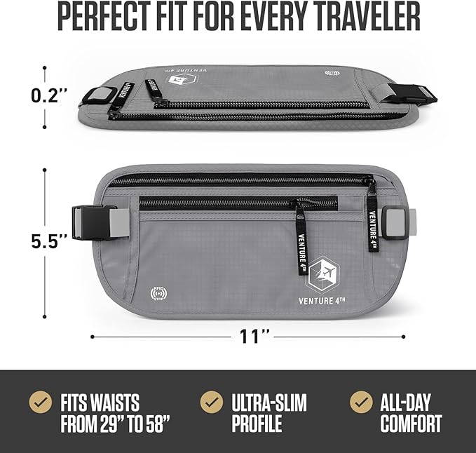 VENTURE 4TH Money Belt for Travel – Hidden Under-Clothes RFID Blocking Passport Holder & Slim Travel Wallet Pouch for Men & Women to Protect Cash, Cards & Documents (Silver)
