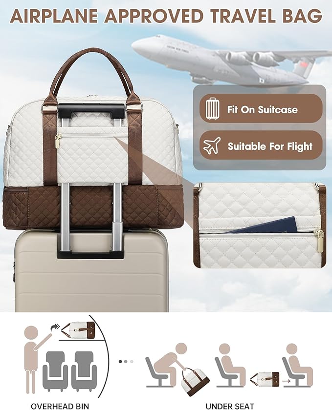 Weekender Travel Duffle Bag for Women: Overnight Bags with Shoe Compartment Carry on duffel Bag for Airplanes with 2 PCS Toiletry Bags Weekend Yoga Gym Hospital Bag with Wet Pocket Brown