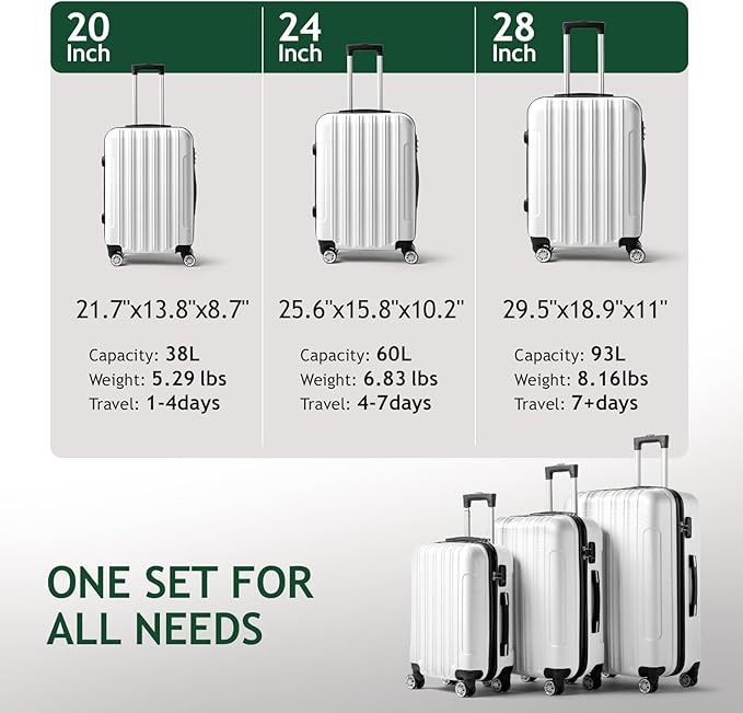 Karl home Luggage Set of 3 Hardside Carry on Suitcase Sets with Spinner Wheels & TSA lock, Portable Lightweight ABS Luggages for Travel, Business - White(20/24/28)