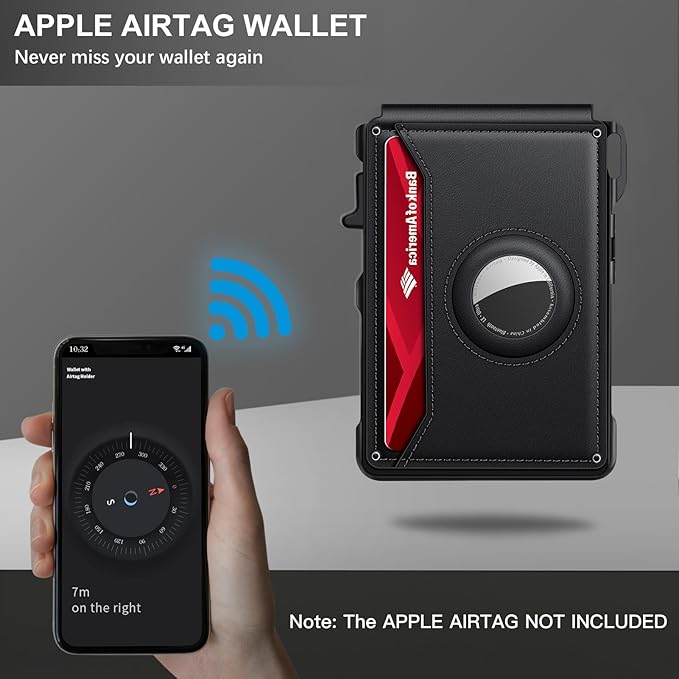 KIKVES Airtag Wallet for Men, Mens Smart Wallet for Air Tag RFID Blocking, Minimalist Bifold Pop Up Aluminum Credit Card Case Holder 12+ Cards with ID Window, Gift for Men, No Airtag Included, Black