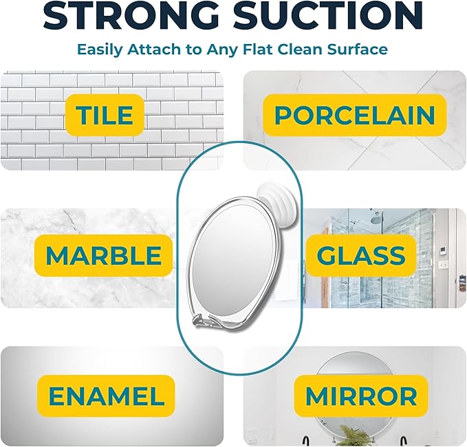 HONEYBULL Fogless Shower Mirror with Suction Mount & Swivel – Anti-Fog Acrylic Bathroom Mirror for Shaving – Built-in Razor Holder, Easy Install, Home Shower Accessory (Chrome)