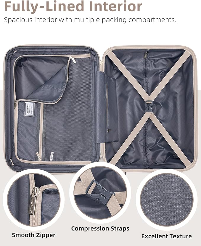 LARVENDER Carry on Luggage 22x14x9 Airline Approved, Expandable 20 Inch Hardside Suitcase with Wheels TSA Lock, PC+ABS Lightweight Carry on Suitcases for Women and Men, Champagne (20/DB/TB)