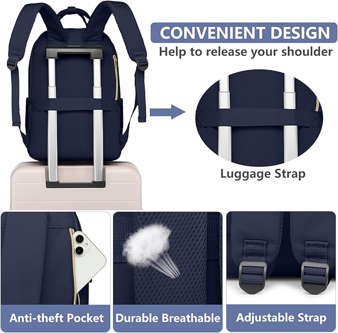 Laptop Backpack for Women Work Bag - 15.6 inch Travel Backpack Purse with USB Charger College Bookbag Waterproof Cute Casual Daypack Fashion Business Computer Backpacks for Teacher Nurse Dark Blue