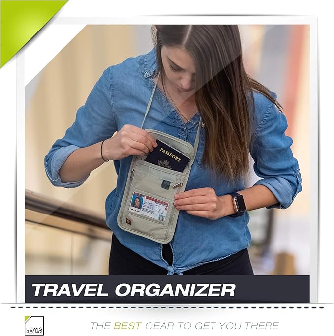 Lewis N. Clark RFID Blocking Stash Neck Wallet, Travel Pouch + Passport Holder for Women & Men, Taupe