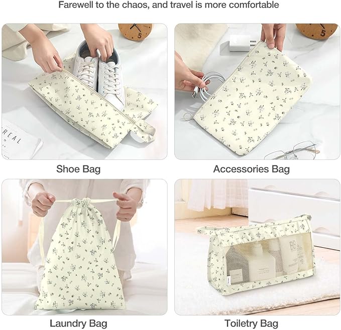 8 Set Packing Cubes for Suitcases, Packing Cube with Shoe, Cosmetics, Clothing, and Accessories Bags for Travel Luggage Organizer Women Men(Grey Flowers)