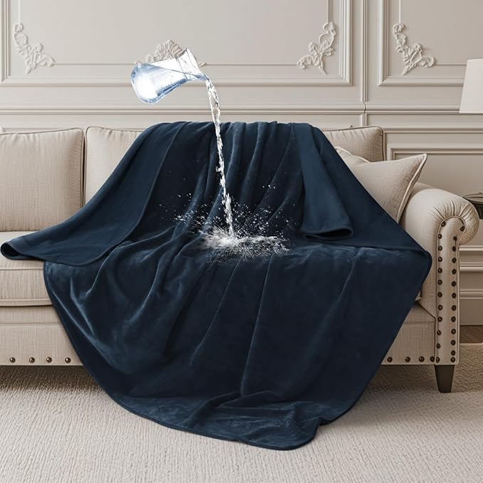 LOOBANI Waterproof Throw Blanket for Couch: Reversible Leakproof Couch Blanket 40" x 60", Soft Coral Fleece Bed Blanket Stain-Proof for Sofa Cover, Pet Accidents, Travel, Blue