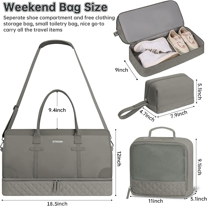 ETRONIK Weekender Overnight Bags for Women, Large Travel Duffle Bags with Shoe Compartment & Wet Pocket, Carry On Gym Bag with Toiletry Bags for Hospital 3 Pcs Set, Large Size, Grey Green
