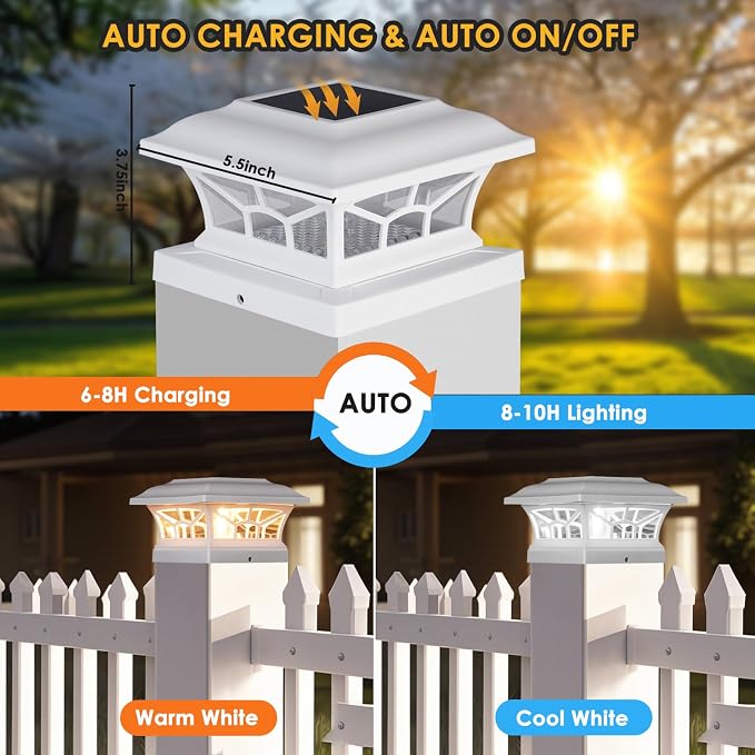 8 Pack Solar Post Cap Lights Outdoor Waterproof, Dual Light, White | Fits 4x4, 5x5, 6x6 Wooden & Vinyl Posts,Warm & Cool White Light Modes, Fence Deck Post Lights,Edison-style bulb