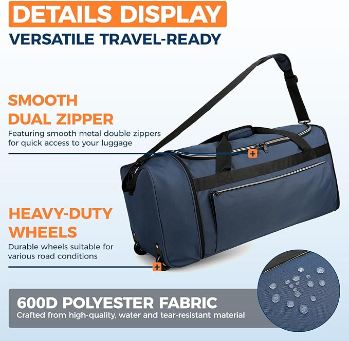 80L Foldable Rolling Duffle Bag with Wheels, 28” Large Duffle Bag for Travel, Carry On Luggage Duffel Bag for Traveling/Camping/Moving, Water Resistant, Blue