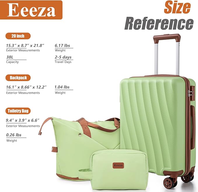 Carry on Luggage Sets 22x14x9 Airline Approved Durable Travel Luggage Suitcases with Wheels,ABS Hard Case Suitcases with Spinner Wheels,(LightGreen,3 Piece Sets(20"/DB/TB))