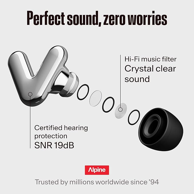 Alpine Tune Earplugs, Concert Ear Plugs for Noise Reduction, High Fidelity Music Quality, 19dB Hearing Protection with Crystal Clear Sound, Incl. 4 Sizes, For Parties, Raves, Festivals & Clubs, Silver