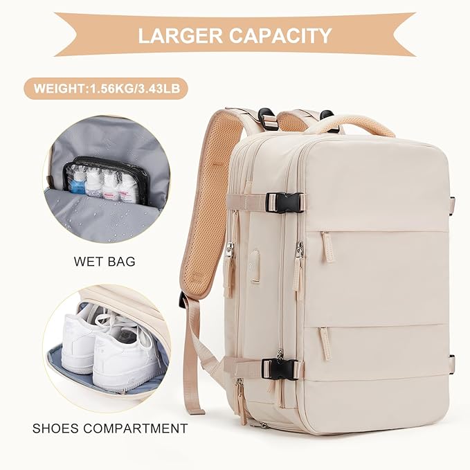 coowoz Large Travel Backpack For Women Men, Carry On Backpack,Hiking Backpack Waterproof Outdoor Sports Rucksack Casual Daypack Expandable Heavy Duty Extra large Backpack Beige Expansion