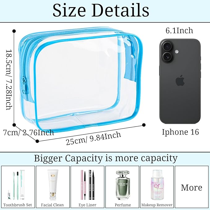 6 Pieces Large Clear Makeup Bags Bulk TSA Approved Toiletry Bag for Travel Transparent PVC Clear Cosmetic Pouch with Zipper, Waterproof Plastic Organizer Case for Carry-on Travel Essentials (Blue)