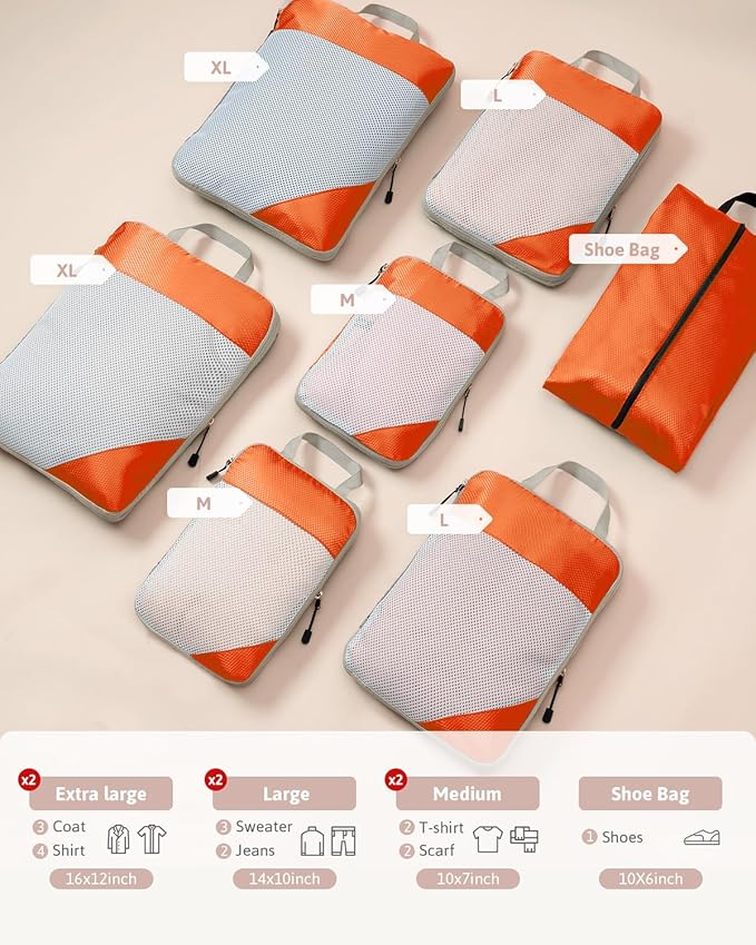 Meowoo 7 Set Compression Packing Cubes for Travel, Durable Ripstop Mesh Suitcase Organizer with Shoe Bag, Ultralight & Expandable Space Saver Travel Cubes