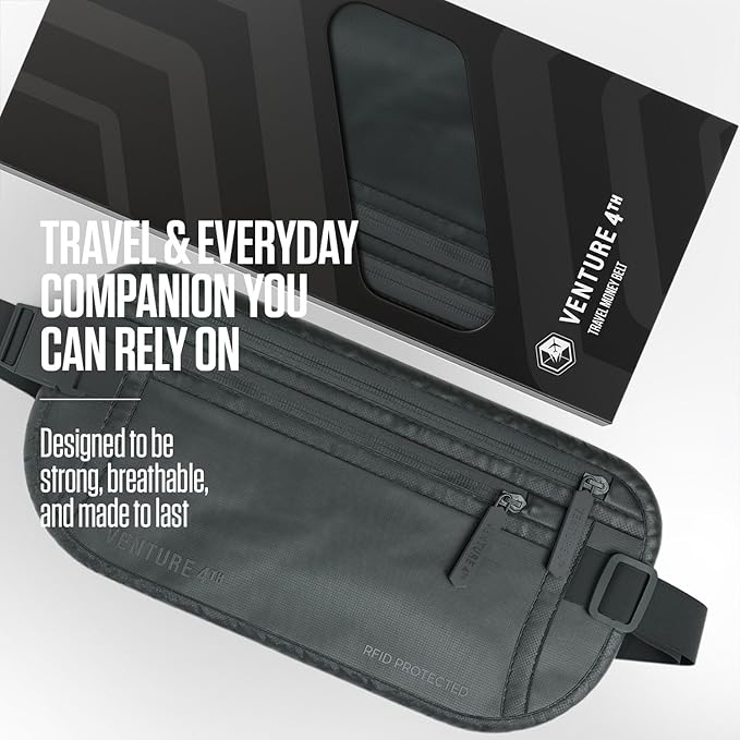 VENTURE 4TH Money Belt for Travel – Hidden Under-Clothes RFID Blocking Passport Holder & Slim Travel Wallet Pouch for Men & Women to Protect Cash, Cards & Documents (Sleek Gray)