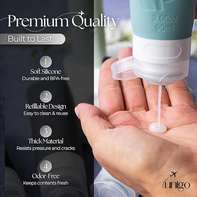 unigo Travel Bottles Set for Toiletries - Leakproof Refillable Travel Size Containers, TSA Approved Bottles with Labels, Brush & Covers for Carry-On Travel