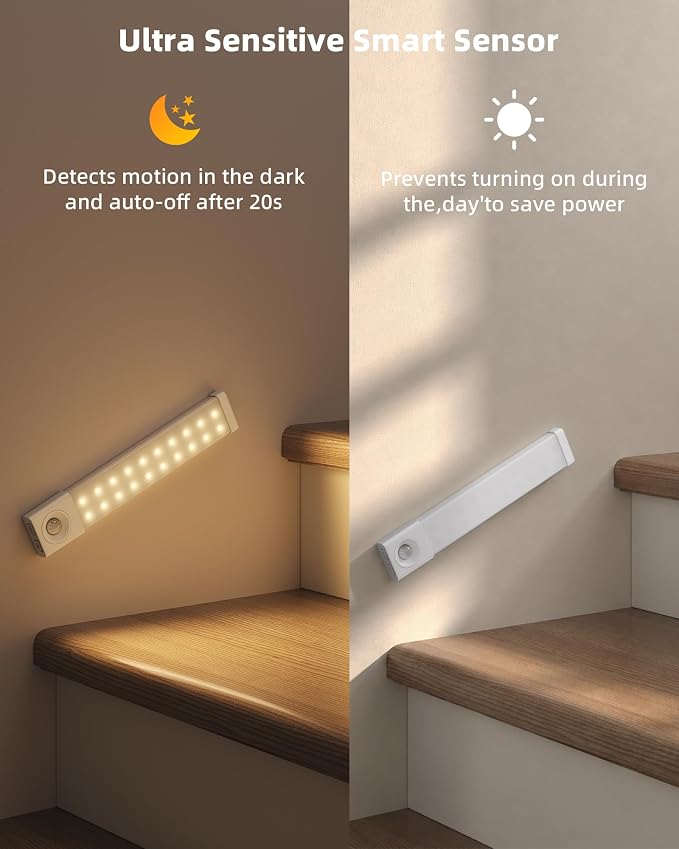 EZVALO Under Cabinet Lighting with Charging Station, 8 inch Motion Sensor Light Indoor, 1100mAh Rechargeable LED Light, 3 Color Temperatures, Dimmable Counter Lights for Kitchen, Closet, Stair (3Pack)