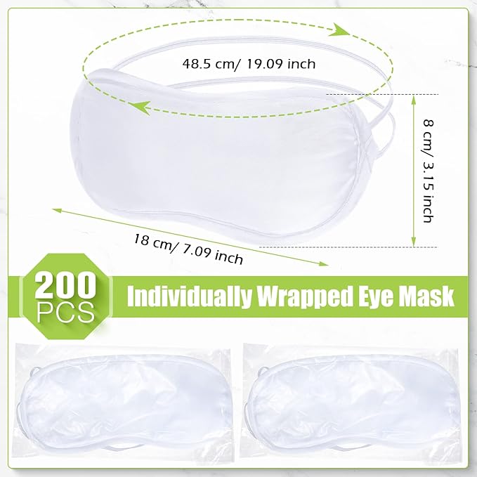 Tarpop 200 Pcs Eye Mask Sleeping Blindfold Eye Cover with Adjustable Strap for Games Party Team Building Travel Individually Wrapped Sleep Mask for Women Men (White)