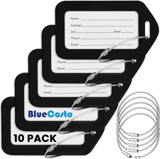 BlueCosto - Luggage Tags - Black, 10 Pack - Suitcase Tags with Name ID Card & Heavy-Duty Metal Wire Loops - Bright Colored PVC Identifiers for Travel Baggage - Backpack Name Labels