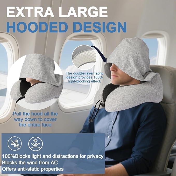 Travel Neck Pillow with 100% Light-Blocking Hood – Ergonomic Memory Foam Support Pillow for Airplane, Long Flights, Road Trips, Office and Car, Full Head and Neck Support with Skin-Friendly Cover